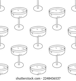 Diseño de líneas sin fisuras con cócteles. Gafas de champán lineal vintage. Concepto de partido. Textura de contorno bohemio elegante en blanco y negro para textil, tela, papel. Superficie del vector