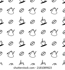Line art seamless pattern with coffee beans, teapot and cup. Black and white vector illustration for business, wallpaper design, template, banner, textile, fabric and wrapping