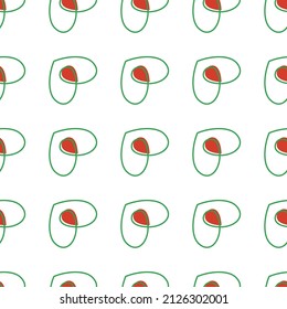 Line art seamless pattern in the contour of a heart with red drop on white background. Romance graphic texture. Medical concept. Decorative print. Geometric bright wallpaper. Green outline. Vector.
