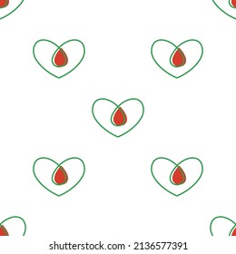 Line art seamless pattern in the contour of a heart with red drop on white background. Romance graphic texture. Medical concept. Decorative print. Geometric bright wallpaper. Green outline. Vector.