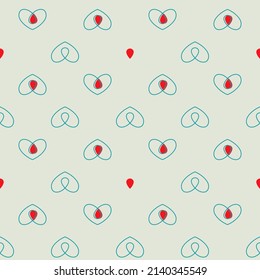 Line art seamless pattern in the contour of a heart with red drop on color background. Romance graphic texture. Medical concept. Decorative print. Geometric bright wallpaper. Green outline. Vector.
