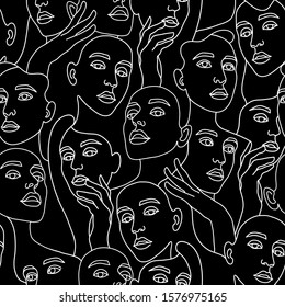 Line art seamless pattern with female portraits on a black background. One line style endless wallpaper. Suitable for prints on clothes and on textiles. Hand drawn minimalistic womans. 