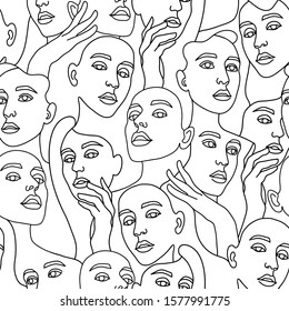 Line art seamless pattern with female portraits on a white background. One line style endless wallpaper. Suitable for prints on clothes and on textiles. Hand drawn minimalistic womans. 