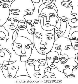 Patrón de líneas sin fisuras con retratos femeninos en un fondo blanco. Fondo interminable de un estilo de línea. Adecuado para impresiones sobre ropa y textiles. Mujeres minimalistas dibujadas a mano