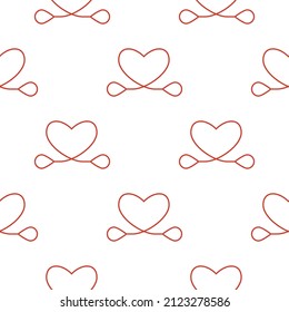 Line art seamless pattern in the form of a heart on white background. Romance graphic texture. Holiday celebration concept. Decorative print. Geometric bright wallpaper. Red contour line. Vector.
