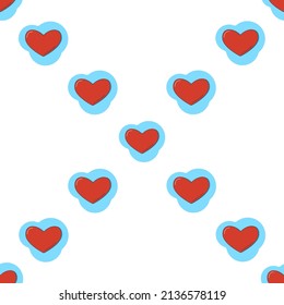 Line art seamless pattern in the form of a red heart on blue figure. Romance graphic texture. Holiday celebration concept. Decorative print. Geometric bright wallpaper. Black contour line. Vector.