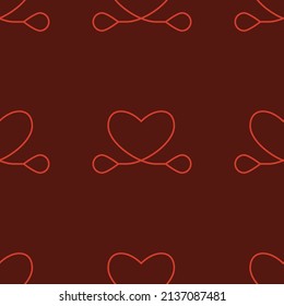 El arte de la línea es un patrón sin fisuras en forma de corazón sobre fondo de color. Textura gráfica romántica. Concepto de celebración de vacaciones. Impresión decorativa. Papel de pared geométrico brillante. Línea de contorno rojo. Vector.

