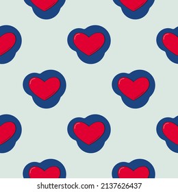 Line art seamless pattern in the form of a red heart on blue shape. Romance graphic texture. Holiday celebration concept. Decorative print. Geometric bright wallpaper. Black contour line. Vector.
