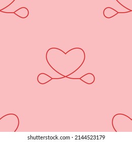 Line art seamless pattern in the form of a heart on color background. Romance graphic texture. Holiday celebration concept. Decorative print. Geometric bright wallpaper. Red contour line. Vector.

