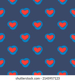 Line art seamless pattern in the form of a red heart on color shape. Romance graphic texture. Holiday celebration concept. Decorative print. Geometric bright wallpaper. Black contour line. Vector.
