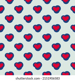 Line art seamless pattern in the form of a red heart on blue shape. Romance graphic texture. Holiday celebration concept. Decorative print. Geometric bright wallpaper. Black contour line. Vector.
