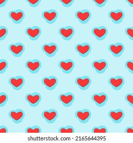 Line art seamless pattern in the form of a red heart on blue shape. Romance graphic texture. Holiday celebration concept. Decorative print. Geometric bright wallpaper. Black contour line. Vector.
