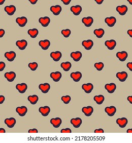 Line art seamless pattern in the form of a red heart on blue figure. Romance graphic texture. Holiday celebration concept. Decorative print. Geometric bright wallpaper. Black contour line. Vector.
