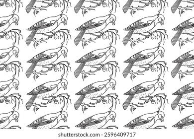 Line art seamless pattern with garden birds vector illustration. Hand drawn outline repeating pattern birds background. Graphic design for Cover Coloring Book Textile Fashion Print Birthday Greeting