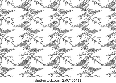 Line art seamless pattern with garden birds vector illustration. Hand drawn outline repeating sparrow birds pattern on white background. Graphic design for Cover Coloring Page Textile Fashion Print