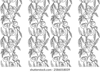 Line art seamless pattern with growing tomatoes vector illustration. Hand drawn outline repeating vegetables pattern background. Graphic design for Wallpaper Coloring Book Textile Cover Fashion Print 