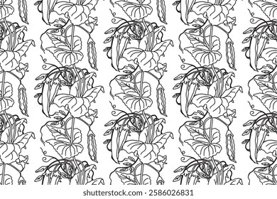 Line art seamless pattern with growing peas vector illustration. Hand drawn outline repeating vegetables pattern background. Graphic design for Wallpaper Coloring Book Textile Cover Fashion Print Card