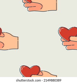 Line art seamless pattern with human hand hold of a red heart on color background. Romance graphic texture. Holiday celebration decorative print. Personal relationship. Black contour line. Vector.
