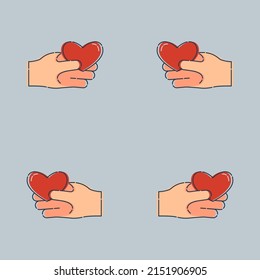 Line art seamless pattern with human hand hold of a red heart on color background. Romance graphic texture. Holiday celebration decorative print. Personal relationship. Black contour line. Vector.
