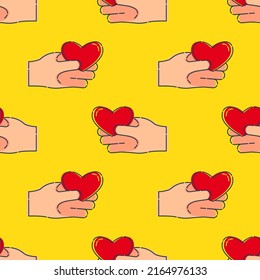 Line art seamless pattern with human hand hold of a red heart on color background. Romance graphic texture. Holiday celebration decorative print. Personal relationship. Black contour line. Vector.
