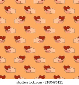Line art seamless pattern with human hand hold of a heart on color background. Romance graphic texture. Holiday celebration decorative print. Personal relationship. Black contour line. Vector.
