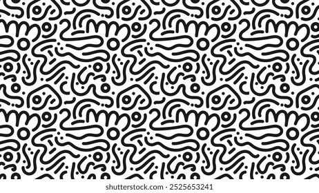 padrão contínuo de arte de linha, padrão moderno, padrão preto e branco, arte de doodle, padrão de doodle