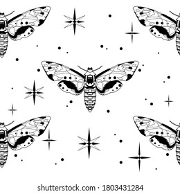 Line art seamless pattern with moth, geometric stars.