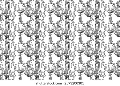 Line art seamless pattern with onions plants vector illustration. Hand drawn outline repeating vegetables pattern background. Graphic design for Cover Coloring Book Textile Fashion Print Birthday Card