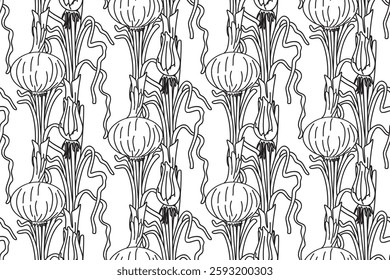 Line art seamless pattern with onions plants vector illustration. Hand drawn outline repeating vegetables pattern background. Graphic design for Cover Coloring Book Textile Fashion Print Birthday Card