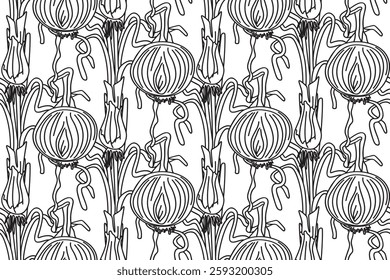 Line art seamless pattern with onions plants vector illustration. Hand drawn outline repeating vegetables pattern background. Graphic design for Cover Coloring Book Textile Fashion Print Birthday Card