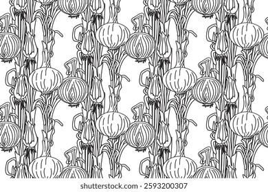 Line art seamless pattern with onions plants vector illustration. Hand drawn outline repeating vegetables pattern background. Graphic design for Cover Coloring Book Textile Fashion Print Birthday Card