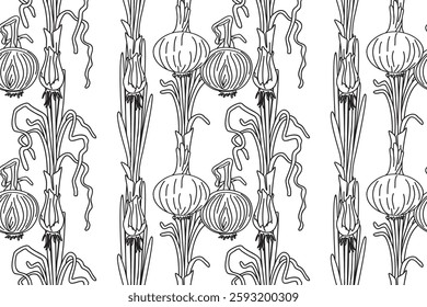 Line art seamless pattern with onions plants vector illustration. Hand drawn outline repeating vegetables pattern background. Graphic design for Cover Coloring Book Textile Fashion Print Birthday Card