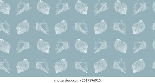 Line art seamless pattern with outline shells and mollusks. Linear illustrations with underwater creatures in white colors.
