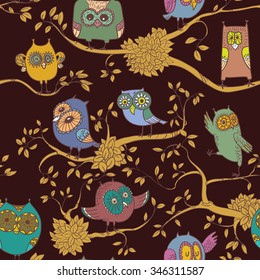 Line art seamless pattern with owls on the branches. Background with cute doodle birds sitting on trees. Design for children's textile, wallpapers, cards and posters. Vector illustration with animals