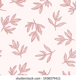 Line art seamless pattern with peony leaves and branches. Floral background in pastel color. Vector botanical pattern for wrapping paper, female prints and fabric. Colorful flat vector illustration