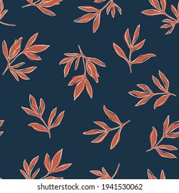 Line art seamless pattern with peony leaves and branches. Floral background in pastel color. Vector botanical pattern for wrapping paper, female prints and fabric. Colorful flat vector illustration