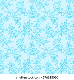 Line art seamless pattern with plants. Doodle simple background with leaves. Vector illustration in blue colors