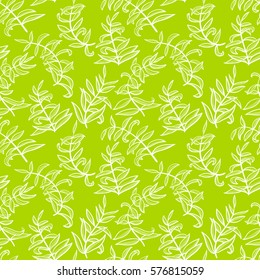 Line art seamless pattern with plants. Doodle simple background with leaves. Vector illustration in green and white colors