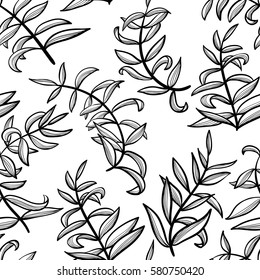 Line art seamless pattern with plants. Doodle simple background with leaves. Vector illustration in black and white colors