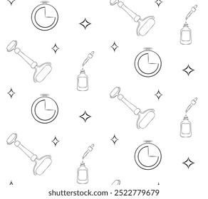 Line Art seamless pattern Products on White Background for Skin Care. Beauty Products for beauty salon, health industry, makeup artist.
