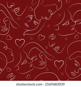 line art seamless pattern of various people in love in different poses and shapes drawn with several lines on a red background, for various logos or designs