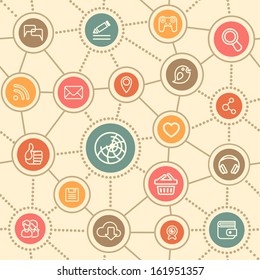 Line art seamless pattern of web communication icons. Linear web technology vector background. Web connection concept with dots and lines