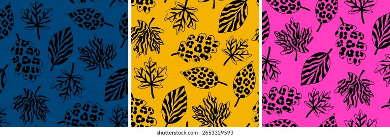 line art seamless patterns set with autumn leaves and animal prints flat graphic on blue yellow pink backgrounds trendy fall decor web design