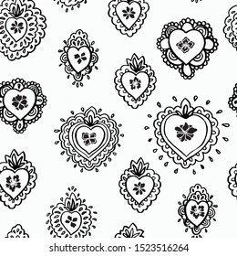 Line art seamless vector folk art burning heart pattern with black outline heart in doodle hand drawn style. Cozy and festive design for valentine, wedding, mothers day and your personal sweetheart.