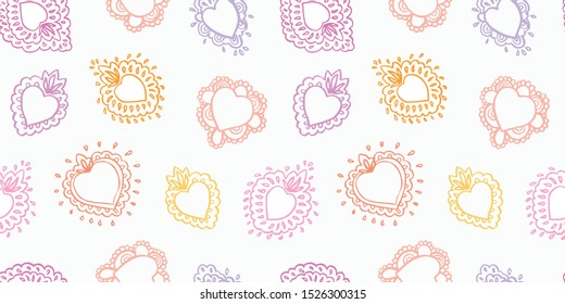 Line art seamless vector folk art burning heart pattern with pastel outline heart in doodle hand drawn style. Cozy and festive design for valentine, wedding, mothers day and your personal sweetheart.