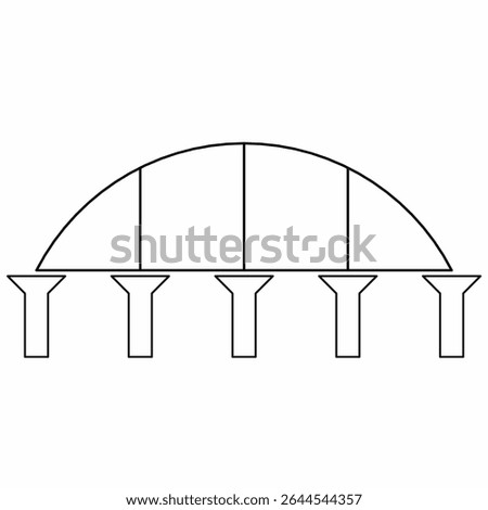 Line art of a semicircular dome bridge with five vertical pillars and structural divisions. Simple architectural sketch for construction, civil engineering, or infrastructure design.