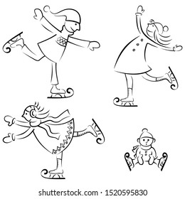 Line Art Set von 4 Zeichen Schlittschuhlaufen auf Eis.