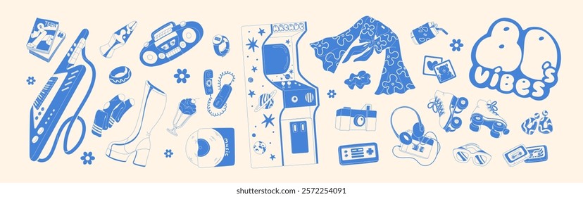 Line art set of 80s items. Different accessories of 1980s. Retro style of 1980. Cassettes, roller skates, game machine, vinyl. Eighties nostalgia. Flat isolated contour vector illustrations on white