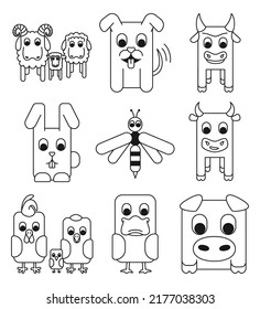 Line art set of 9 black and white elements. Domestic farm animals. Vector illustration for icons, stamps, labels, gift card or coloring book page decor