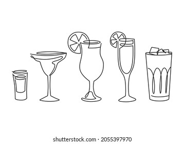 Line art set of alcohol drinks. Cocktail with a piece of fruit. Vector illustration